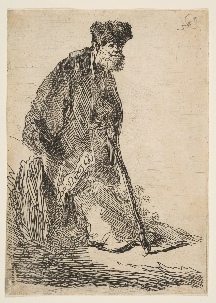 Man in a Coat and Fur Cap Leaning against a Bank by Rembrandt van Rijn, print, 1625-1635