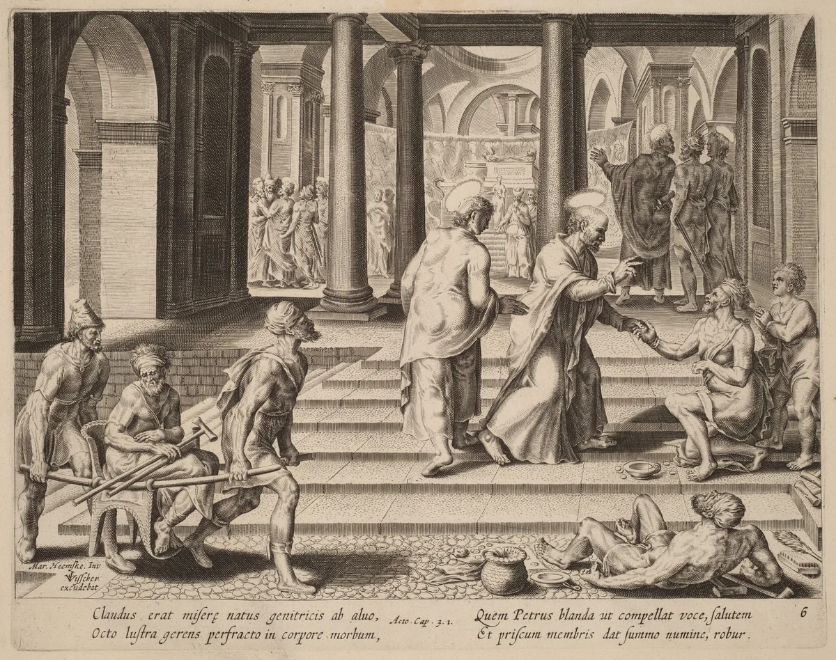 Saints Peter and John Heal a Cripple at the Gate of the Temple by Philip Galle, print, 1537-1612