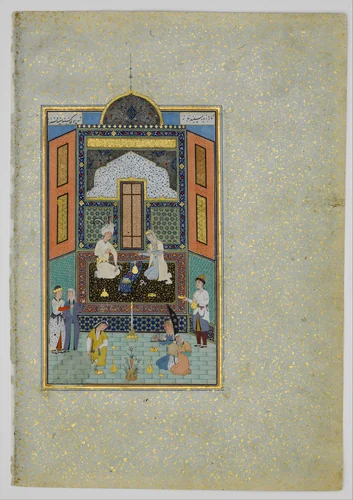"Bahram Gur in the White Palace on Friday", Folio 235 from a Khamsa (Quintet) of Nizami of Ganja by Nizami, manuscript, 1500-1550