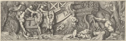 Plate 8: battle between soldiers on a boat and naked men trying to climb in, a river god at right by Pietro Santi Bartoli, print, 1655-1665