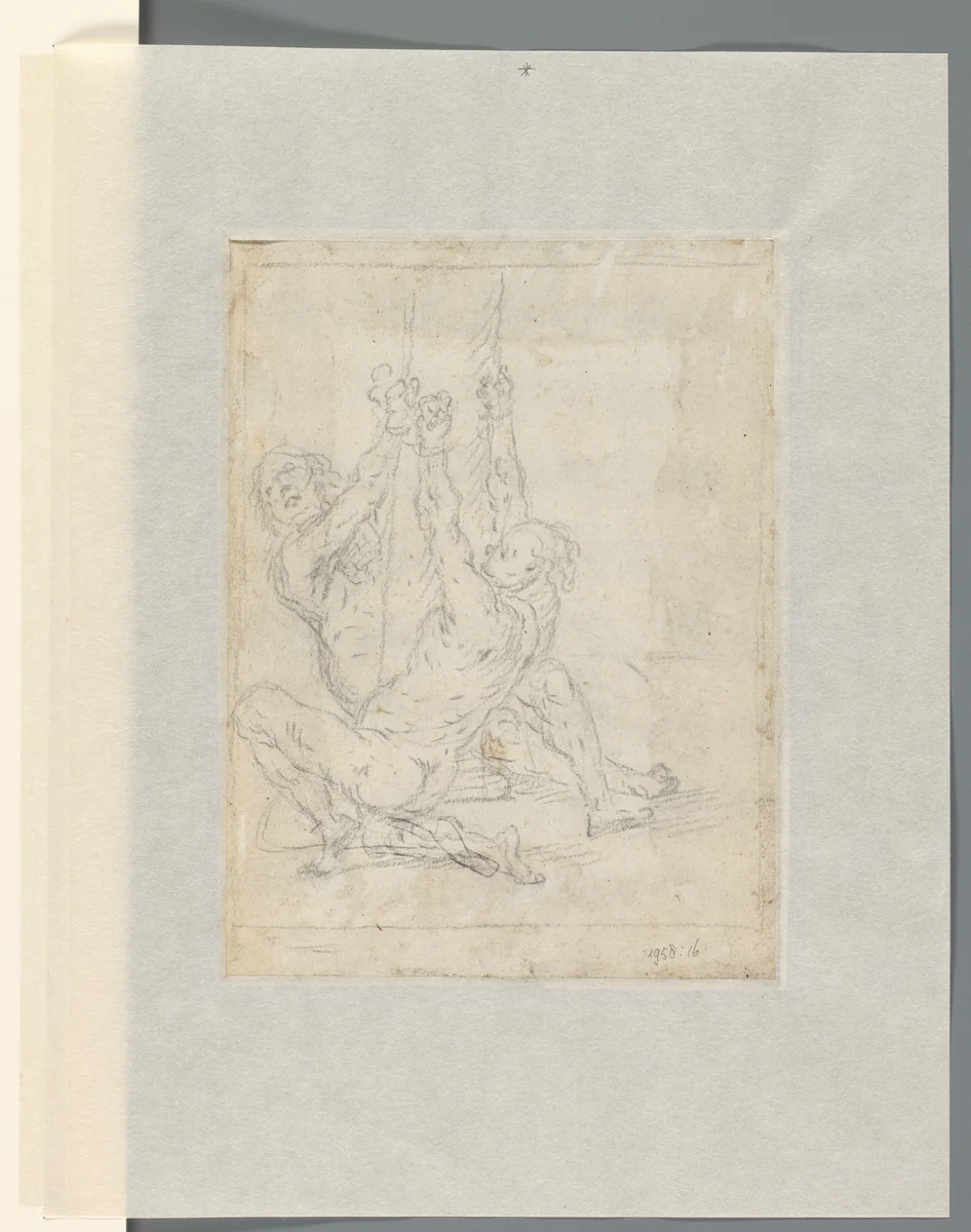 Twee gevangenen, aan hun polsen opgehangen aan een paal by anonymous, drawing, 1625-1675