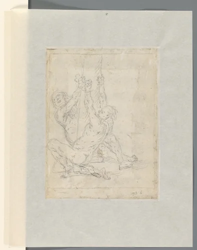Twee gevangenen, aan hun polsen opgehangen aan een paal by anonymous, drawing, 1625-1675