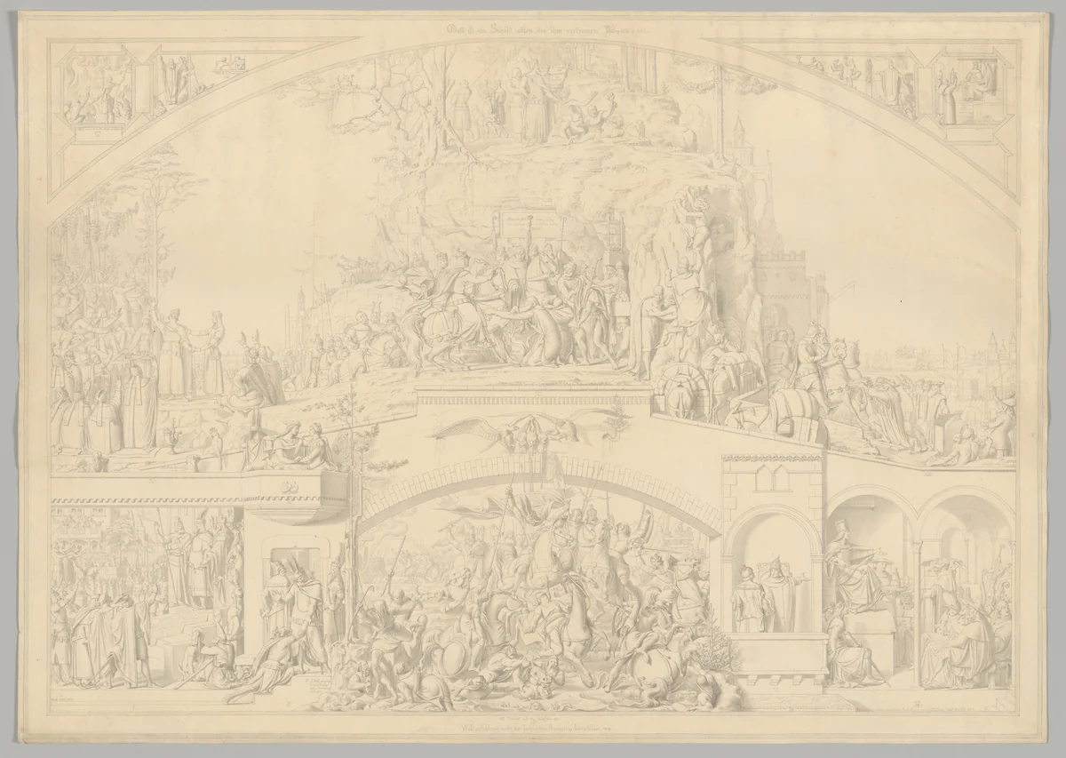 Preparatory Drawing for a Print Series on the History of Germany (Die Geschichte des deutschen Volkes in fünfzehn Bildern) by Carl Heinrich Hermann, drawing, 1851-1853