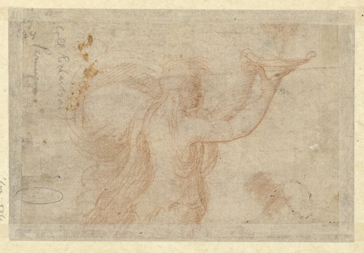 Half figuur van een jongeling die een schaal (?) omhoog heft by Parmigianino, drawing, 1535-1538
