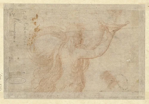 Half figuur van een jongeling die een schaal (?) omhoog heft by Parmigianino, drawing, 1535-1538