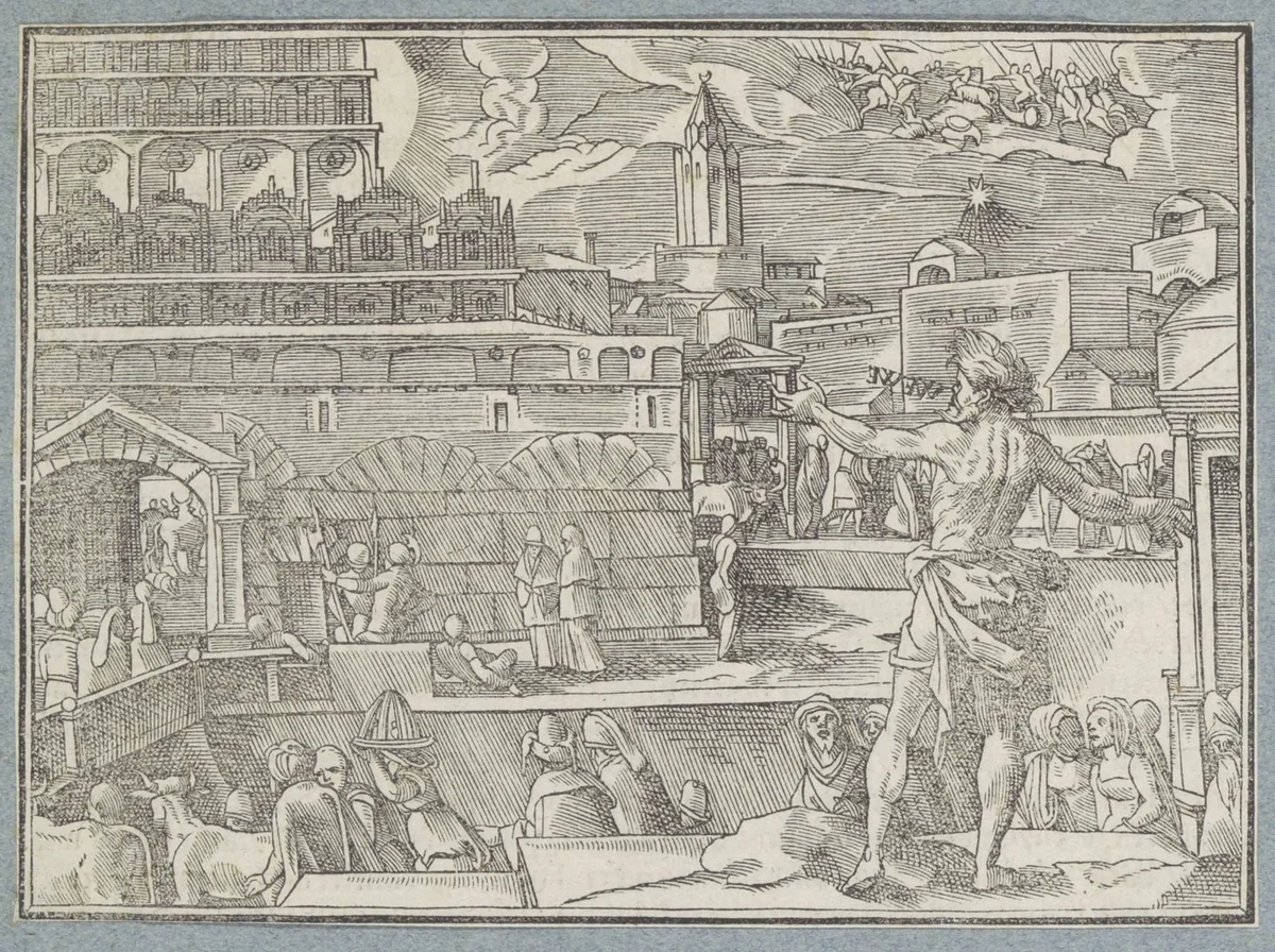 Ruiters met lansen verschijnen in de hemel boven Jeruzalem by Christoffel van Sichem, print, 1574
