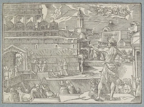 Ruiters met lansen verschijnen in de hemel boven Jeruzalem by Christoffel van Sichem, print, 1574