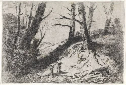 Wandelaars op een pad omgeven door kale bomen by Arnoud Schaepkens, print, 1855-1904