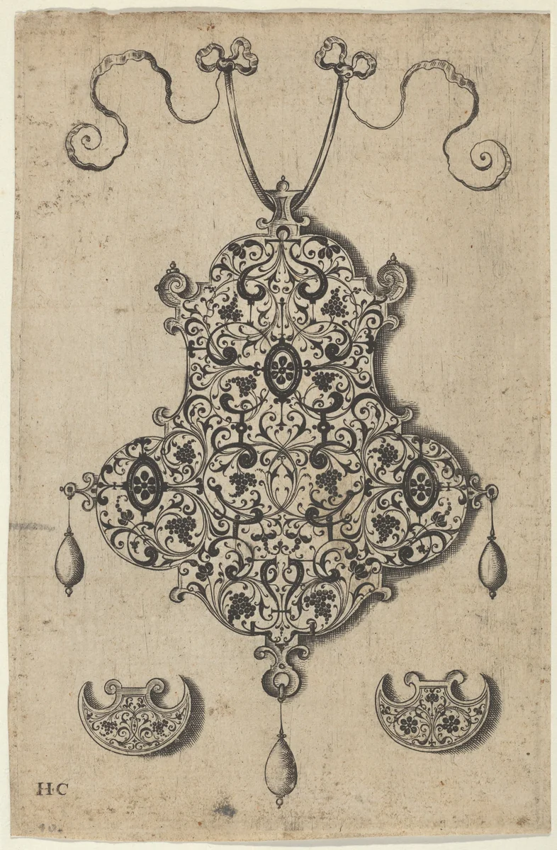 Design for the Verso of a Pendant with Grapevines Above Axe-Shaped Ornaments by Jan Collaert, print, 1530-1573