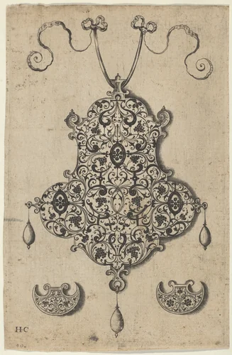Design for the Verso of a Pendant with Grapevines Above Axe-Shaped Ornaments by Jan Collaert, print, 1530-1573