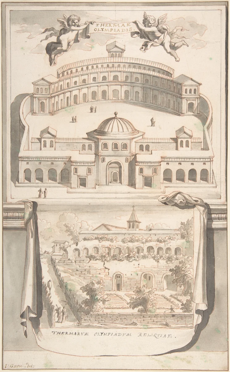 Reconstruction of the Thermae Olympiadis (above) and View of the Ruins (below) by Jan Goeree, drawing, 1690-1704