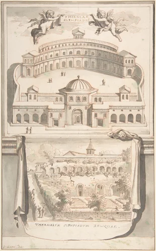 Reconstruction of the Thermae Olympiadis (above) and View of the Ruins (below) by Jan Goeree, drawing, 1690-1704