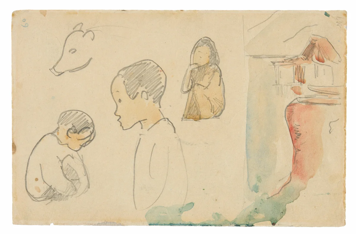 Sketches of Crouching and Standing Figures, a Pig, and a Hut at Water’s Edge by Paul Gauguin, drawing, 1891