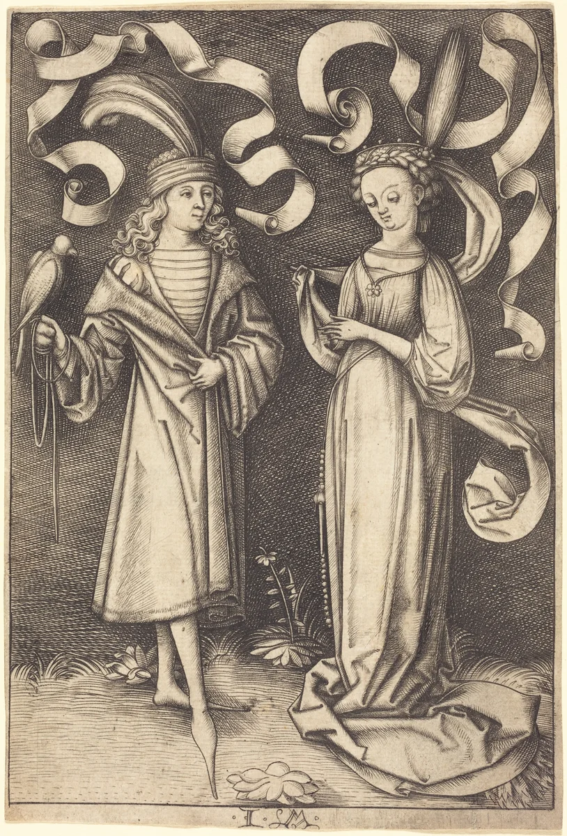 The Falconer and Noble Lady by Israhel van Meckenem, print, 1495-1503