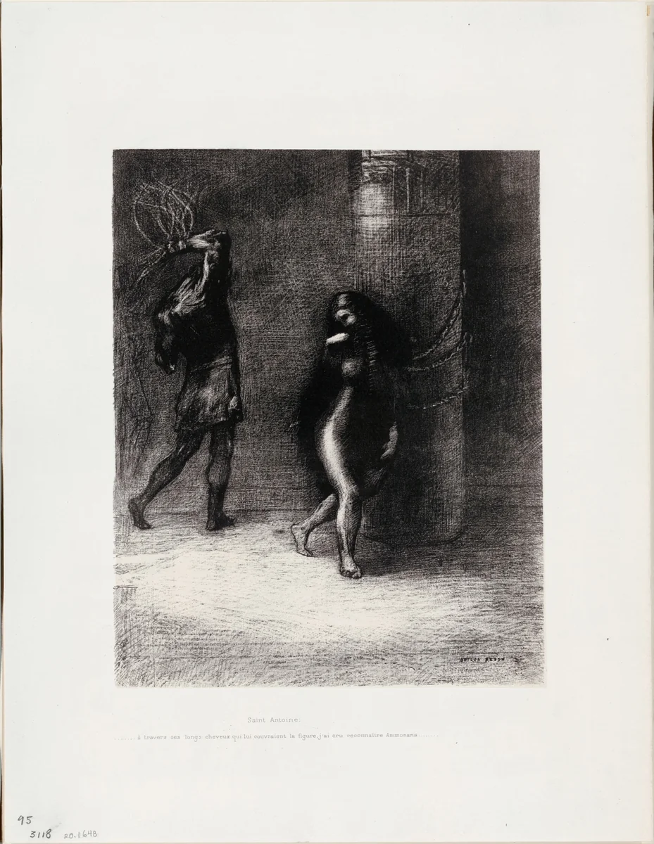 Saint Anthony: "Beneath her long hair, which covered her face, I thought I recognized Ammonaria", plate 1 of 6 by Odilon Redon, print, 1889