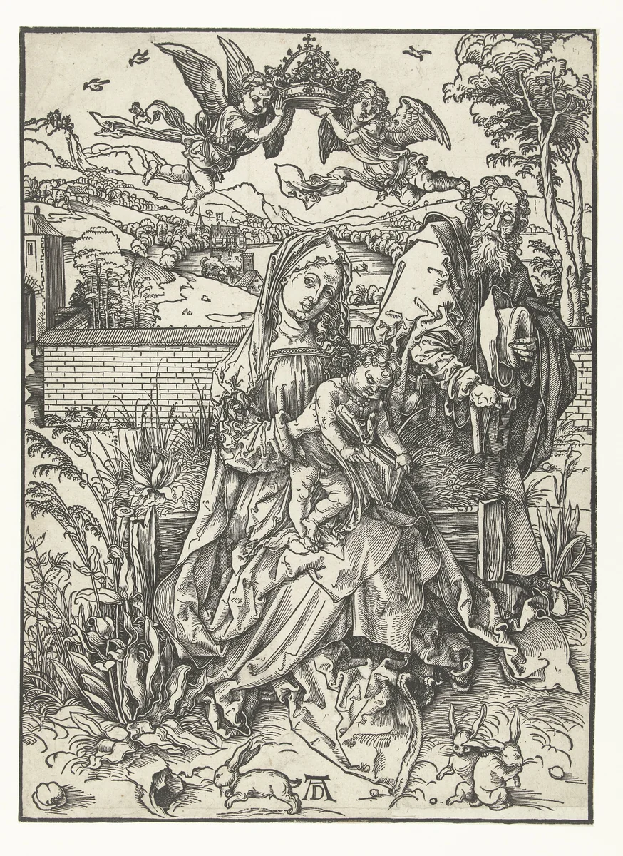 De Heilige Familie met drie hazen by Unknown, print, 1495-1499