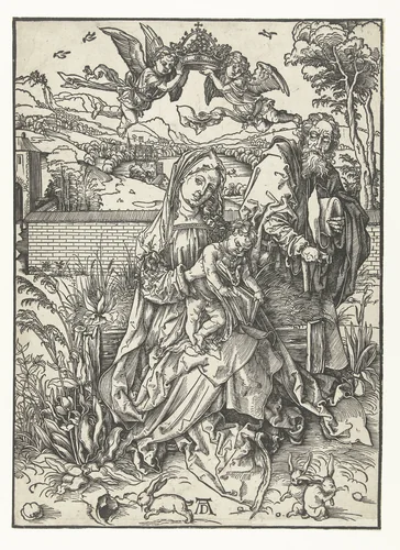 De Heilige Familie met drie hazen by Unknown, print, 1495-1499