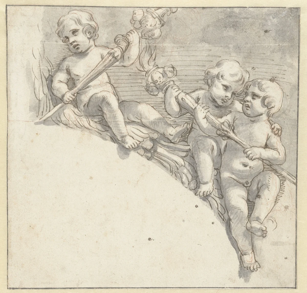 Drie naakte knaapjes met fakkels by anonymous, drawing, 1600-1699