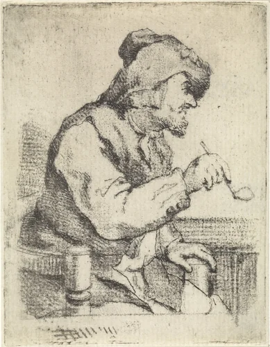 Man met een pijp, zittend aan tafel by Aert Schouman, print, 1767