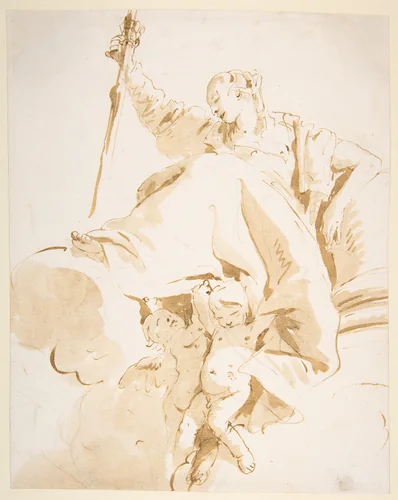 Seated Women Holding Aloft a Sword, and Supported by Two Putti by Giovanni Battista Tiepolo, drawing, 1696-1770