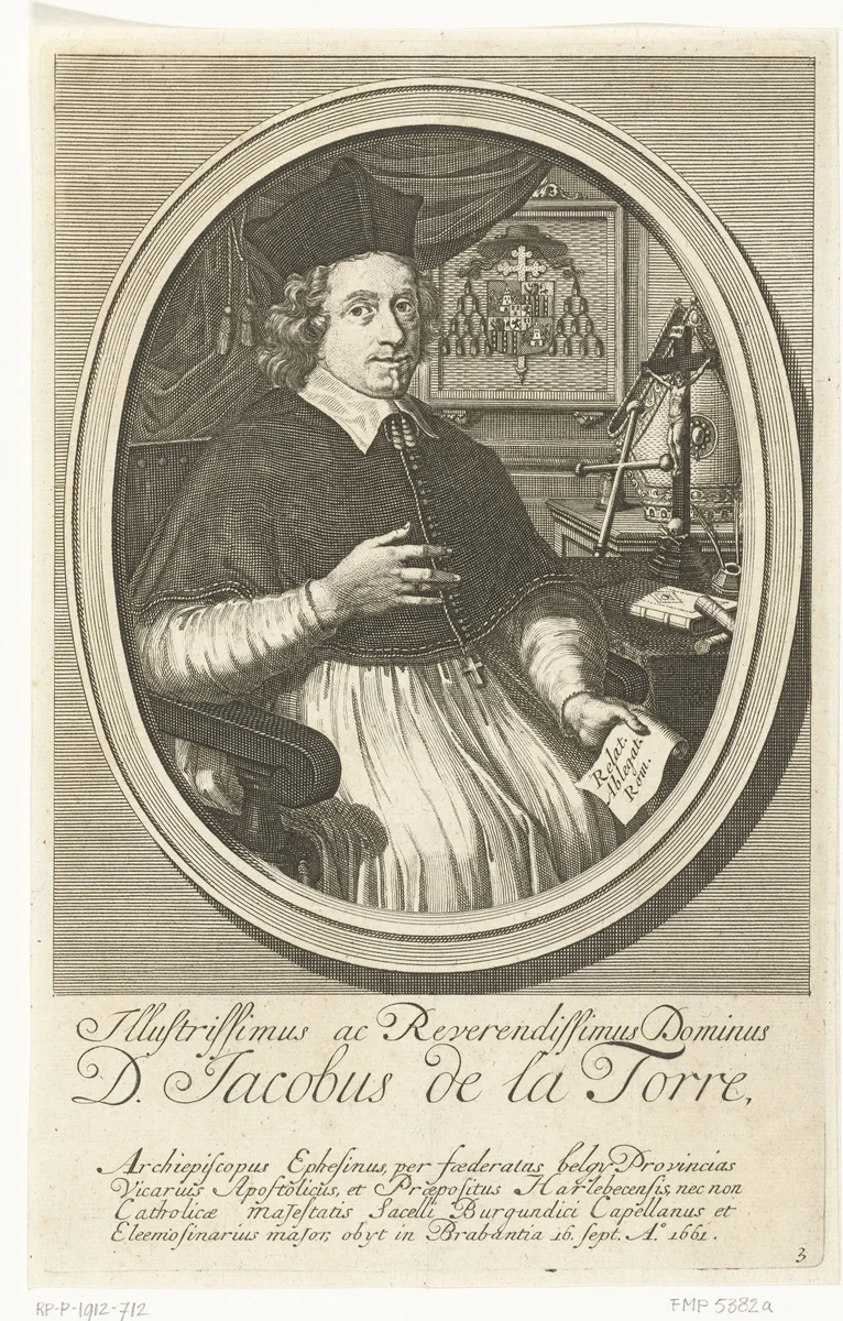 Portret van apostolisch vicaris Jacobus de la Torre by François van Bleyswijck, print, 1681-1726