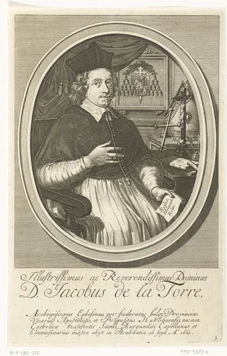 Portret van apostolisch vicaris Jacobus de la Torre by François van Bleyswijck, print, 1681-1726