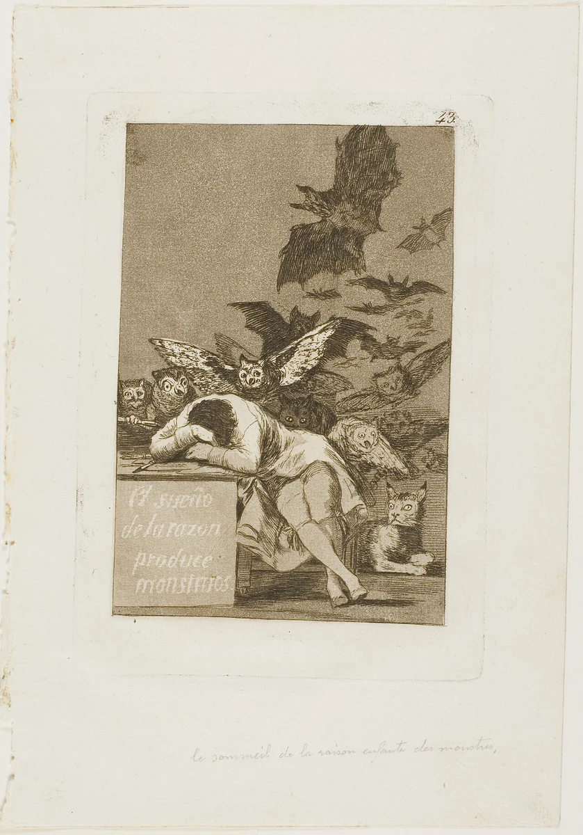 The Sleep of Reason Produces Monsters, plate 43 from Los Caprichos by Francisco José de Goya, print, 1797-1799