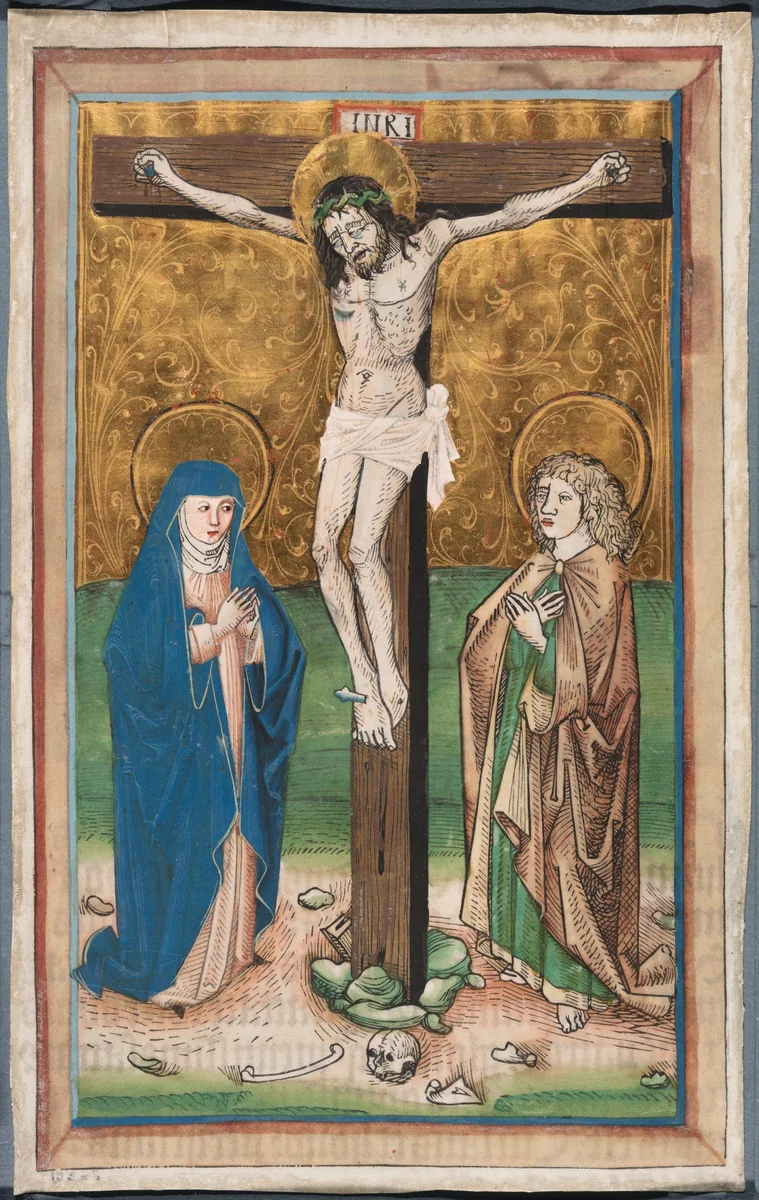 Crucifixion with the Virgin Mary and Saint John (recto); Saint Sebald with the Donors Paul Volkmayr and Sebald Schreyer (verso) by Unknown Artist, print, 1485-1490