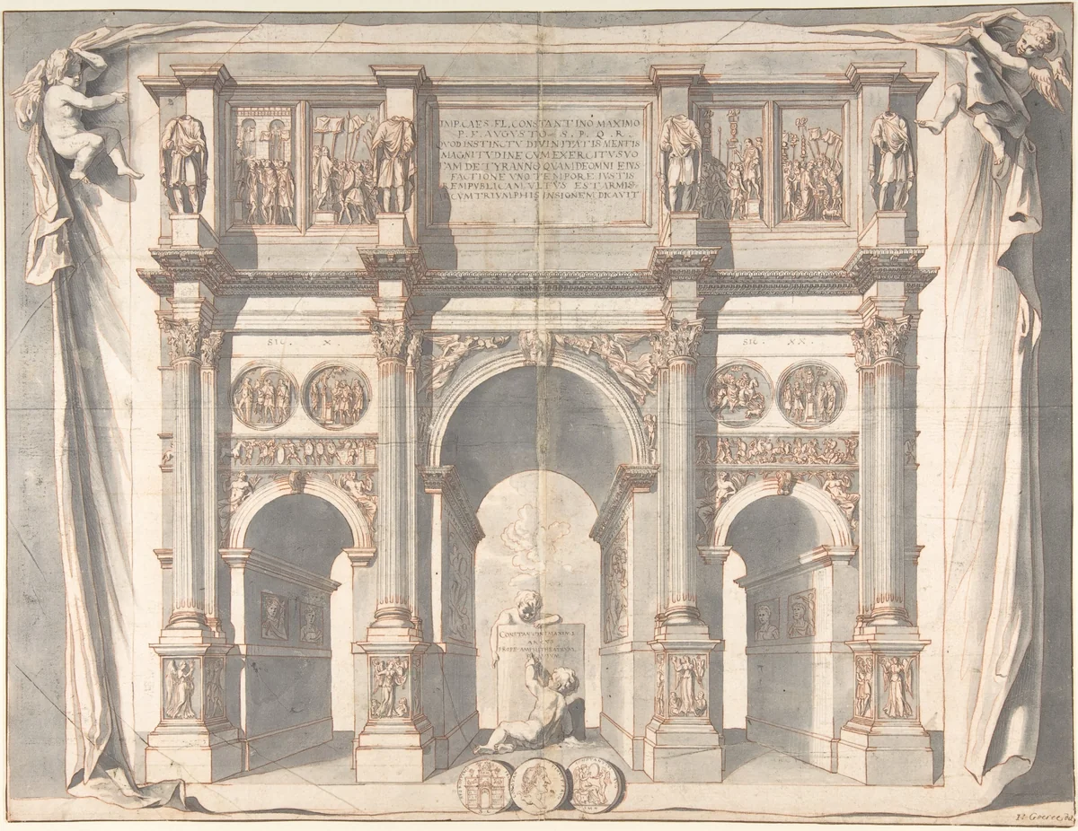 View of the Arch of Constantine by Jan Goeree, drawing, 1690-1704
