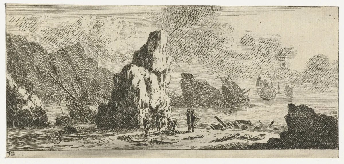 Zeegezicht met schipbreuk lijdende schepen by Reinier Nooms, print, 1651-1652