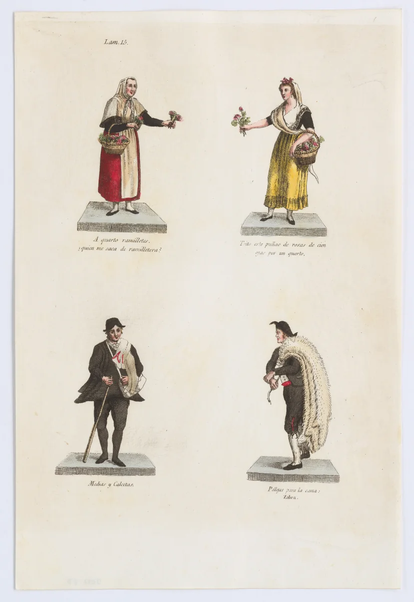 Plate 15: four street vendors from Madrid selling flowers, socks, and skins, from 'Los Gritos de Madrid' (The Cries of Madrid) by Miguel Gamborino, print, 1809-1817