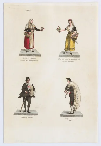 Plate 15: four street vendors from Madrid selling flowers, socks, and skins, from 'Los Gritos de Madrid' (The Cries of Madrid) by Miguel Gamborino, print, 1809-1817