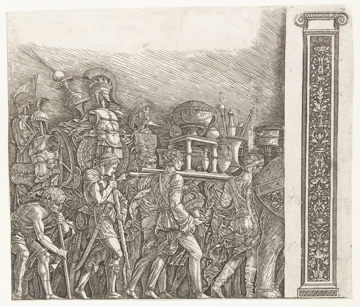 Soldaten met oorlogstrofeeën in triomftocht van Caesar en pilaster by Unknown, print, 1486-1492