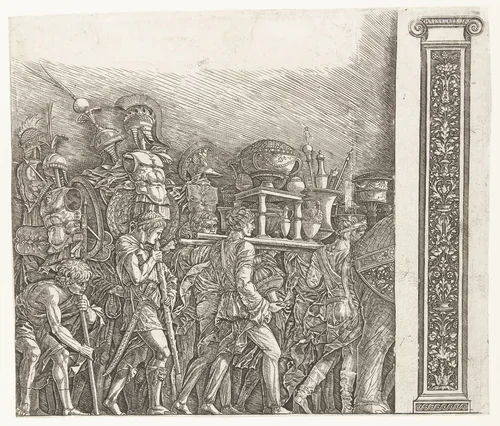 Soldaten met oorlogstrofeeën in triomftocht van Caesar en pilaster by Unknown, print, 1486-1492