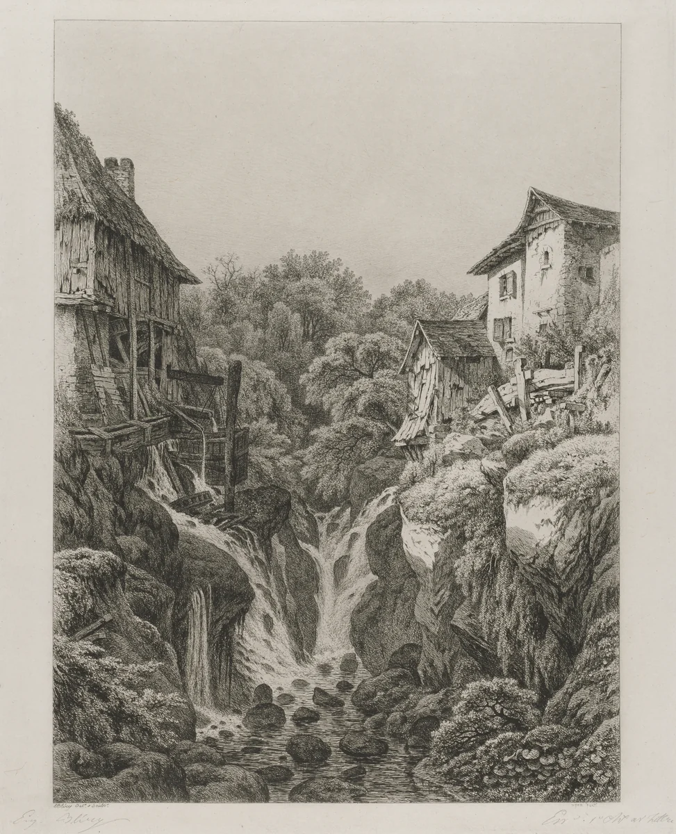 The Mill and Waterfall of Grésy near Aix-les-Bains by Eugene Bléry, print, 1856