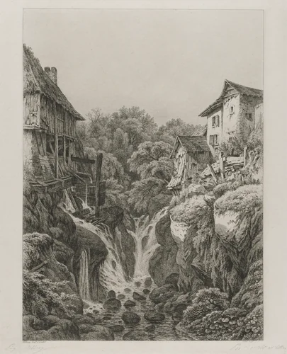 The Mill and Waterfall of Grésy near Aix-les-Bains by Eugene Bléry, print, 1856