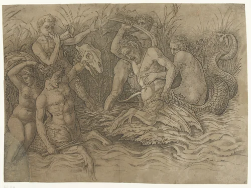Gevecht tussen tritons met nereïden op hun rug by Andrea Mantegna, print, 1473-1477