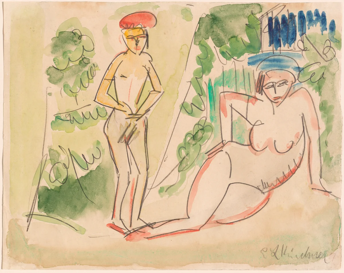 Two Bathers near the Woods by Ernst Ludwig Kirchner, drawing, 1910-1911