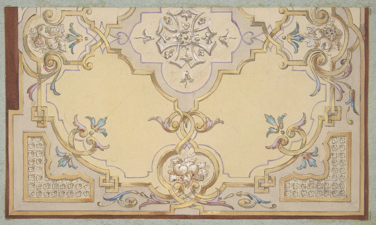 Partial design for the decoration of a ceiling with scrolls and swags of fruit by Jules-Edmond-Charles Lachaise, drawing, 1830-1897