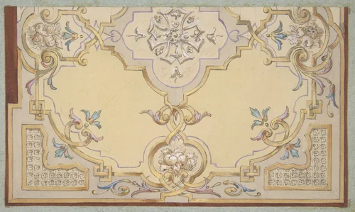 Partial design for the decoration of a ceiling with scrolls and swags of fruit by Jules-Edmond-Charles Lachaise, drawing, 1830-1897