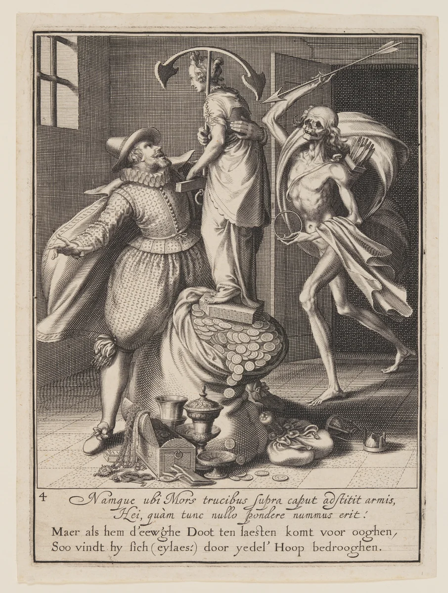 Death with an Arrow About to Strike Man Down, from Allegory of the Misuse of Worldly Property by Willem van Swanenburgh, print, 1609