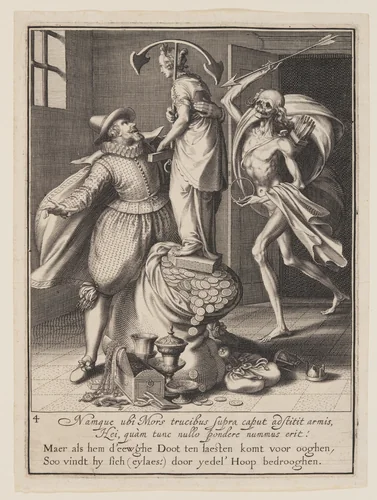 Death with an Arrow About to Strike Man Down, from Allegory of the Misuse of Worldly Property by Willem van Swanenburgh, print, 1609