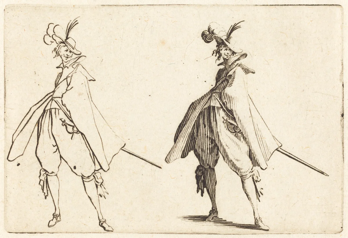 Gentleman in Large Mantle, Front View by Jacques Callot, print, 1622