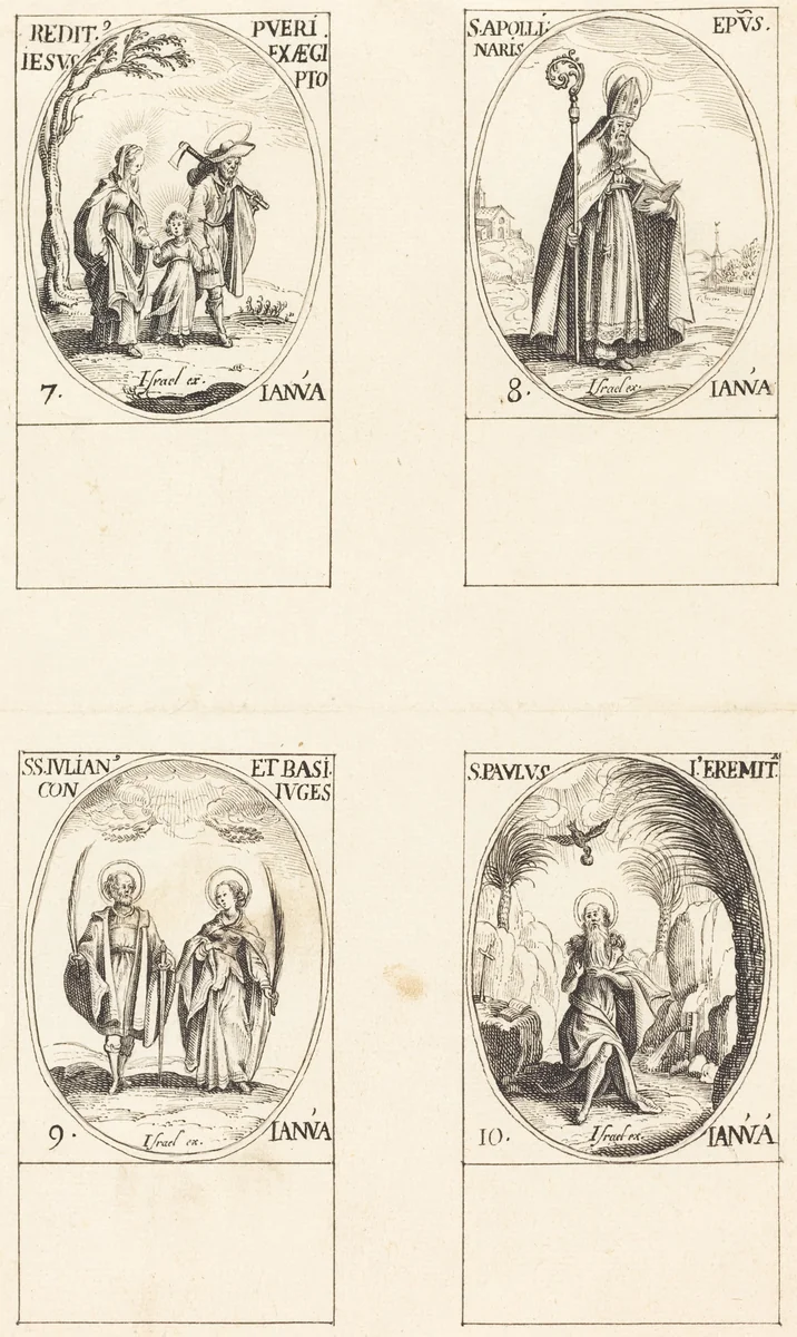 Return from Egypt; St. Apollinaire; St. Julian and Basilissa; St. Paul the Hermit by Jacques Callot, drawing, 1635-1800