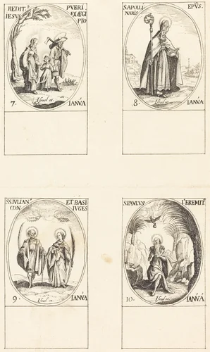 Return from Egypt; St. Apollinaire; St. Julian and Basilissa; St. Paul the Hermit by Jacques Callot, drawing, 1635-1800
