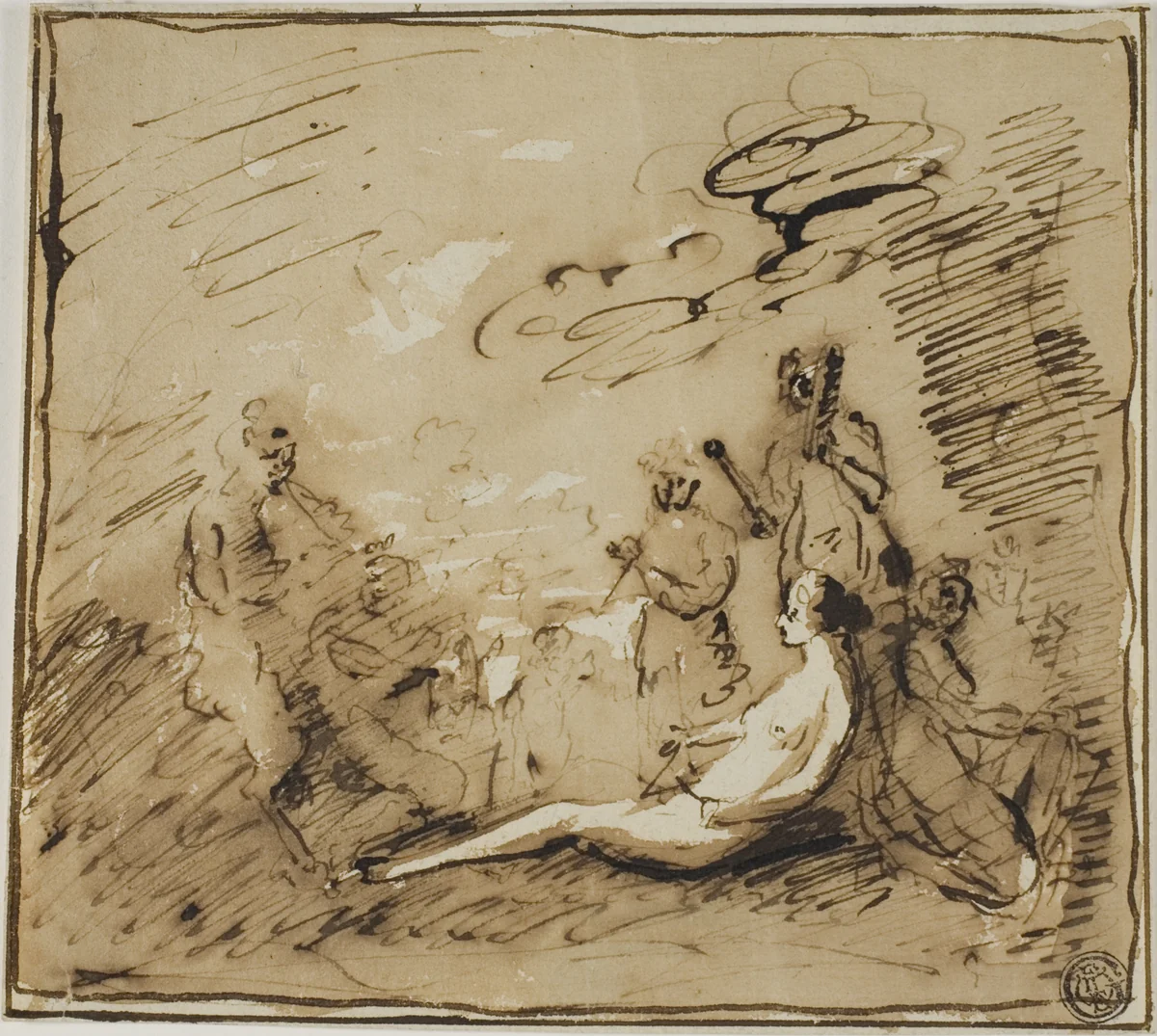 Nymphs and Satyrs Playing Musical Instruments by Claude Lorrain, drawing, 1650-1682