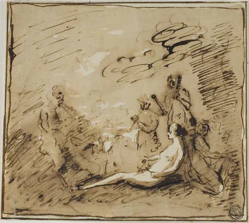 Nymphs and Satyrs Playing Musical Instruments by Claude Lorrain, drawing, 1650-1682