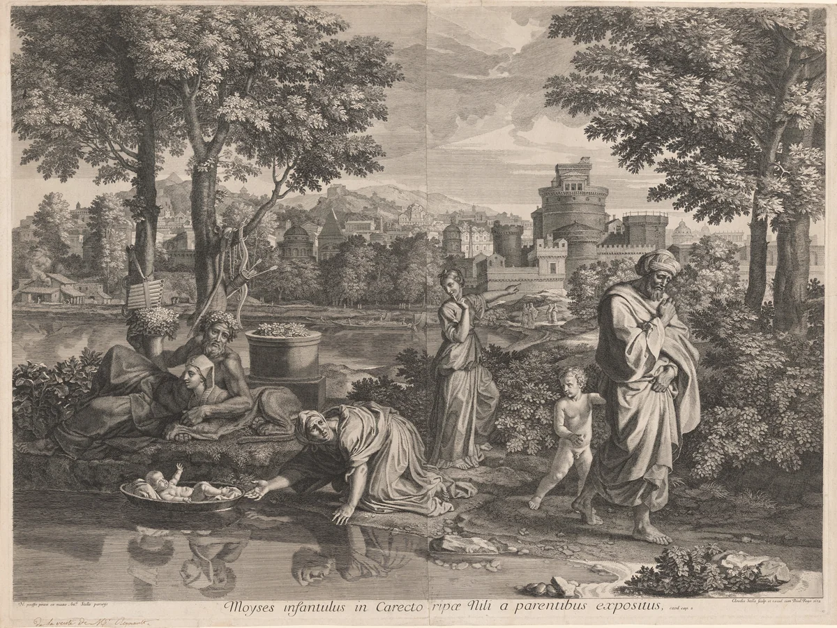 Moyses infantulus in Carecto ripae Nili a parentibus expositus (Baby Moses Placed in the Nile by his Parents) by Claudine Bouzonnet-Stella; Nicolas Poussin, print, 1672