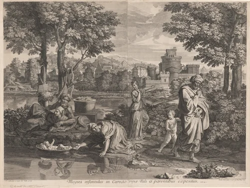 Moyses infantulus in Carecto ripae Nili a parentibus expositus (Baby Moses Placed in the Nile by his Parents) by Claudine Bouzonnet-Stella; Nicolas Poussin, print, 1672