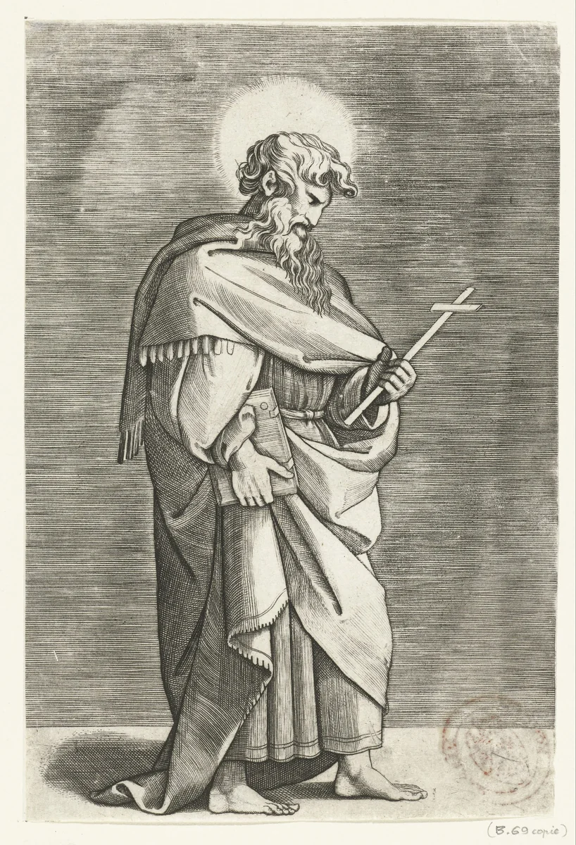 Apostel Filippus met kruis by Marco Dente, print, 1517-1527